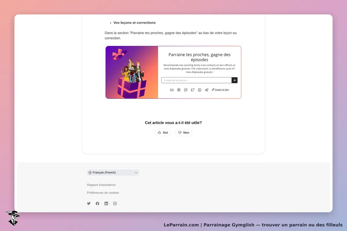 Gymglish : section de parrainage avec un formulaire et une illustration colorée