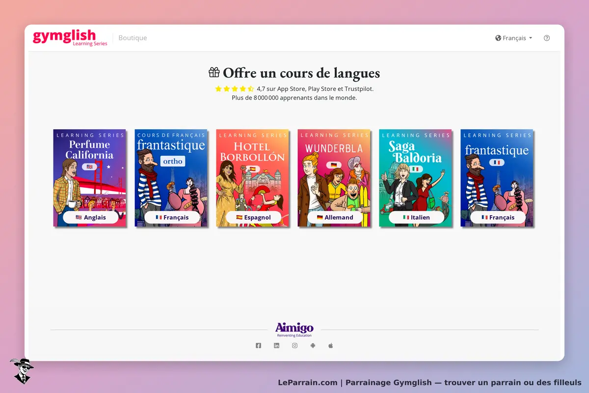 gymglish : page d'accueil présentant des cours de langues avec illustrations et titres des séries