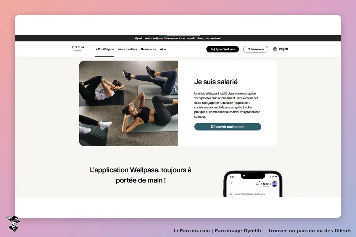 Gymlib : page d'accueil avec des personnes faisant du sport et présentation de l'application