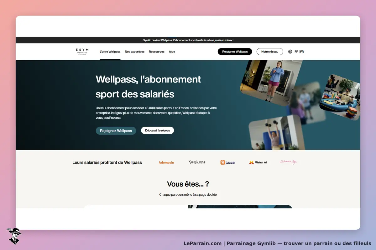 Gymlib : page d'accueil présentant l'abonnement Wellpass et des images d'activités sportives