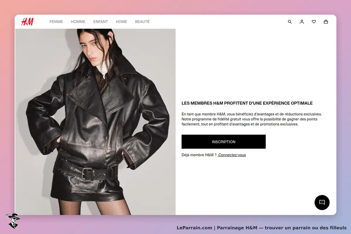 H&M : mannequin en veste en cuir noir sur fond blanc, section d'inscription pour membres à droite