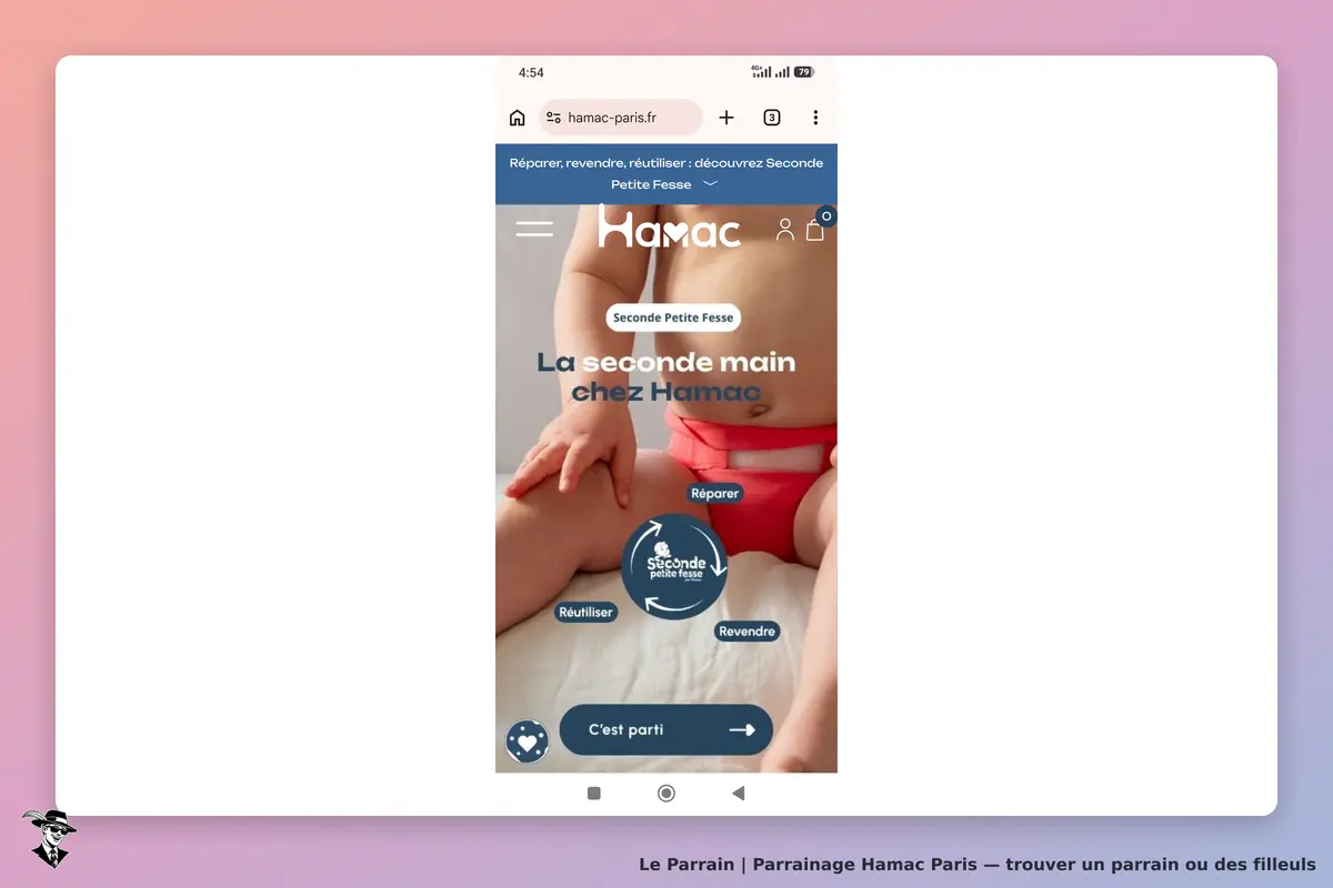 Hamac Paris : hamac : page d'accueil présentant un enfant en couche rouge et des options de seconde