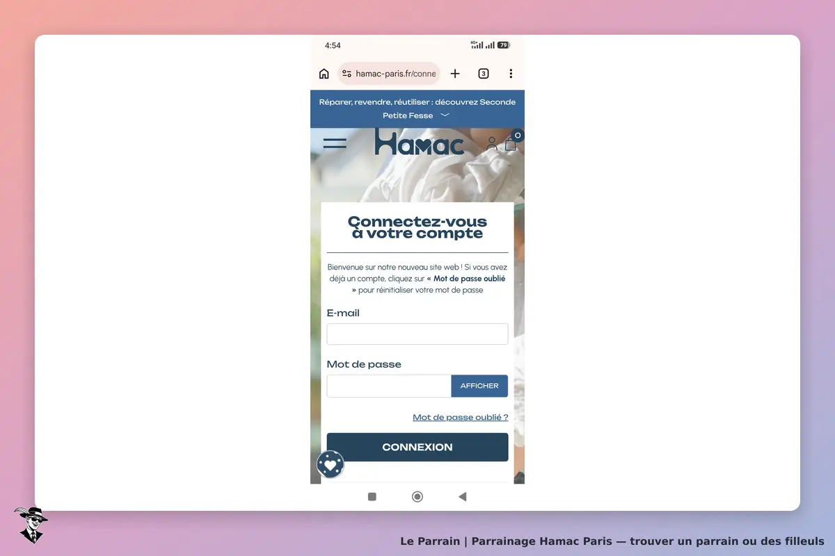 Hamac Paris : hamac : formulaire de connexion avec champs pour e-mail et mot de passe sur mobile