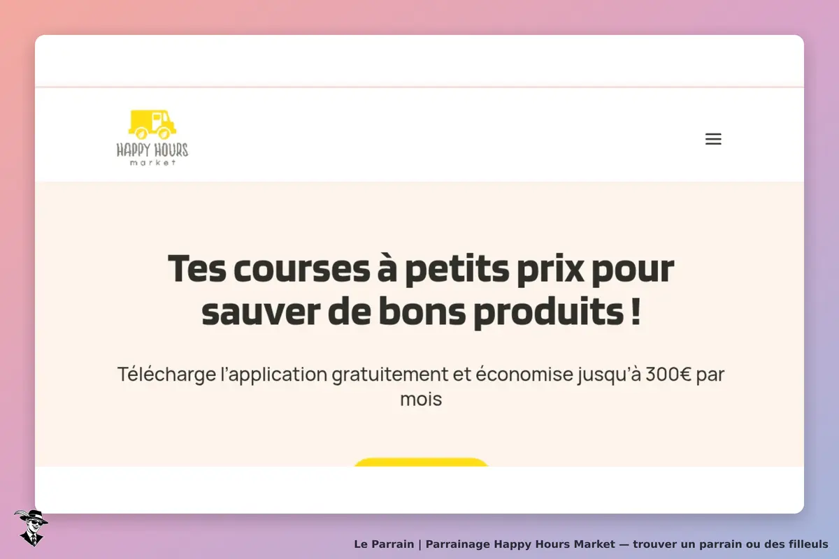 Happy Hours Market : page d'accueil avec un message sur les courses à petits prix et l'application