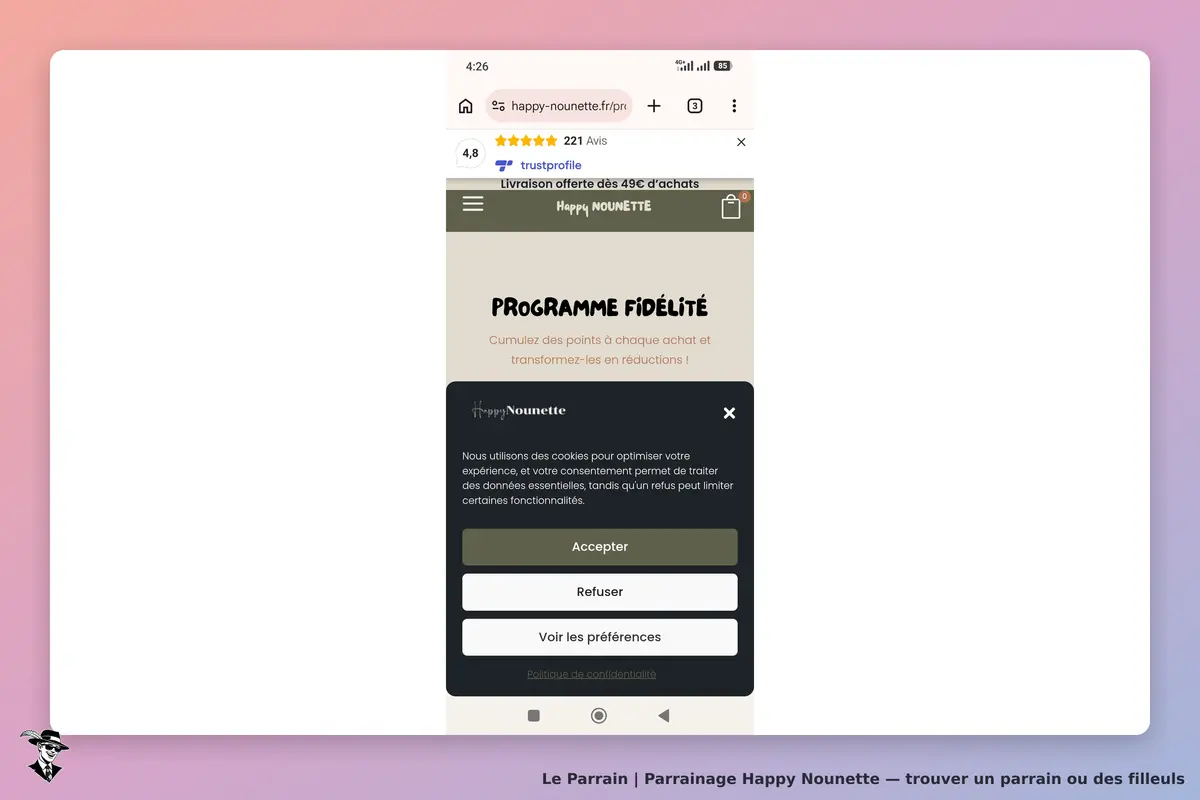Happy Nounette : page d'accueil avec un message sur le programme de fidélité et une pop-up