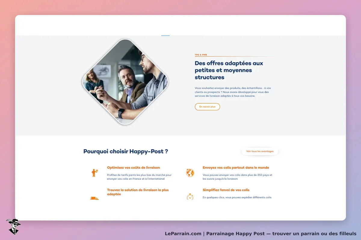 Happy Post : page d'accueil présentant des offres pour TPE et PME avec des options de livraison
