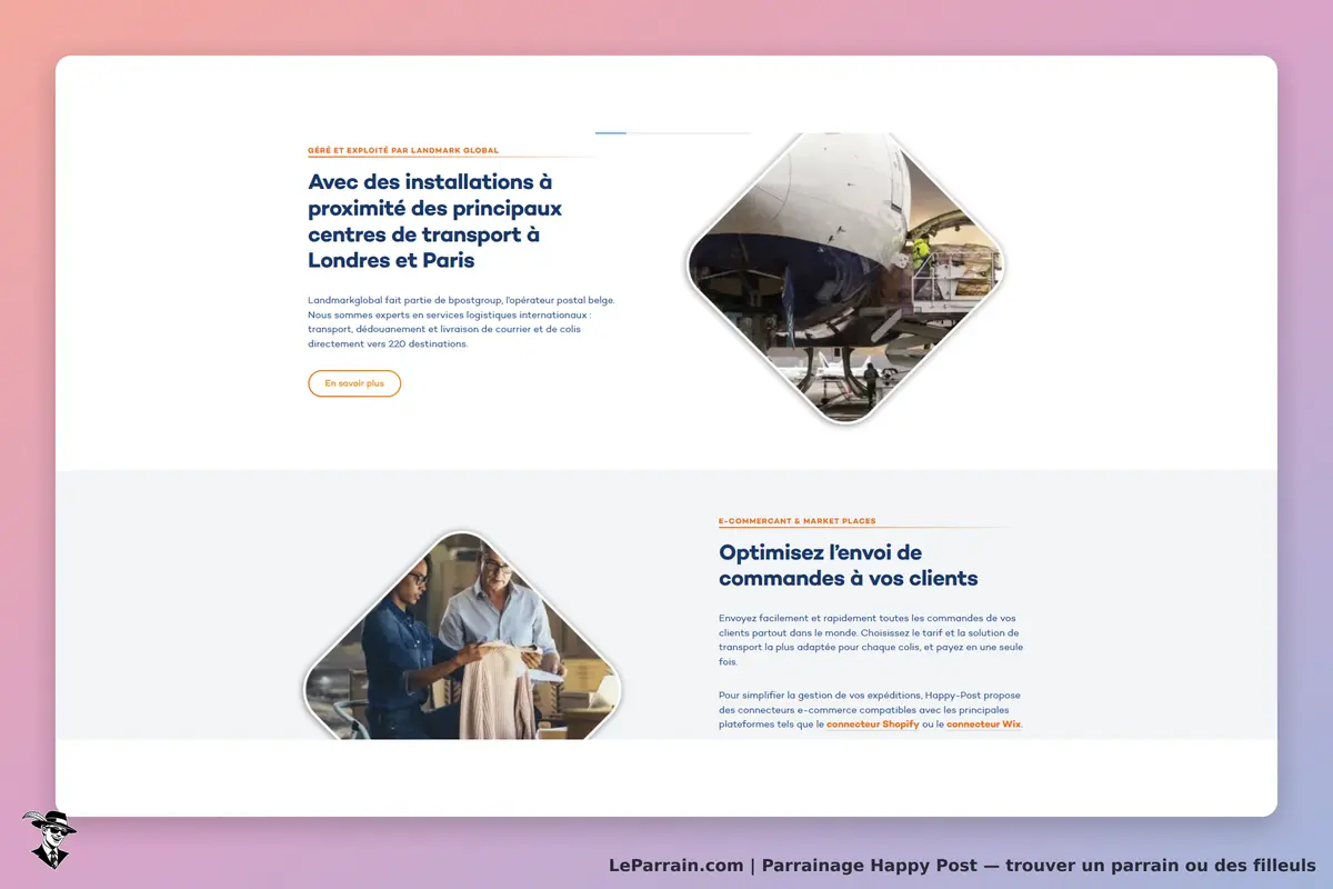 Happy Post : page d'accueil avec informations sur les services logistiques et images de transport