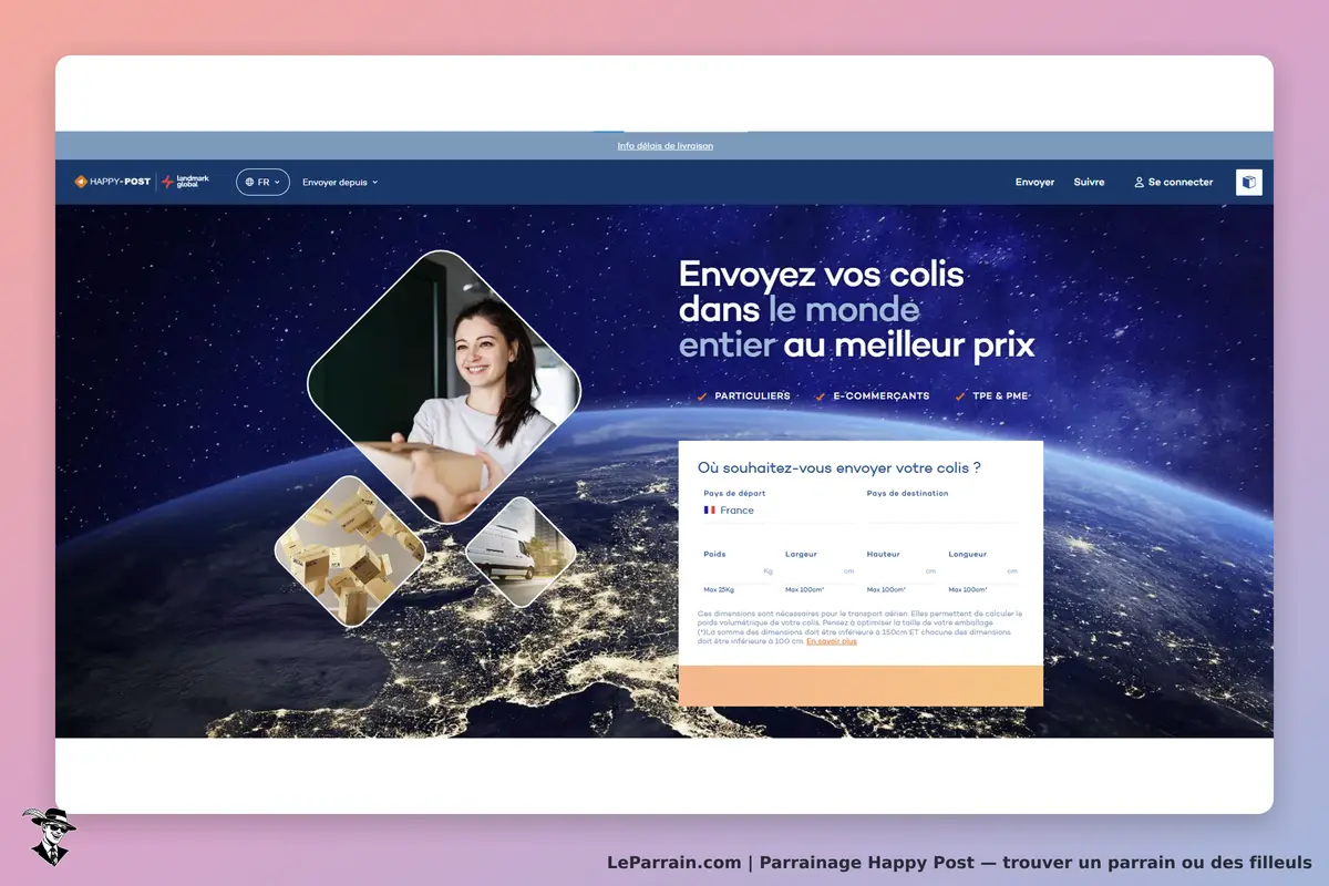 Happy Post : page d'accueil avec formulaire d'envoi de colis et images de colis et d'un