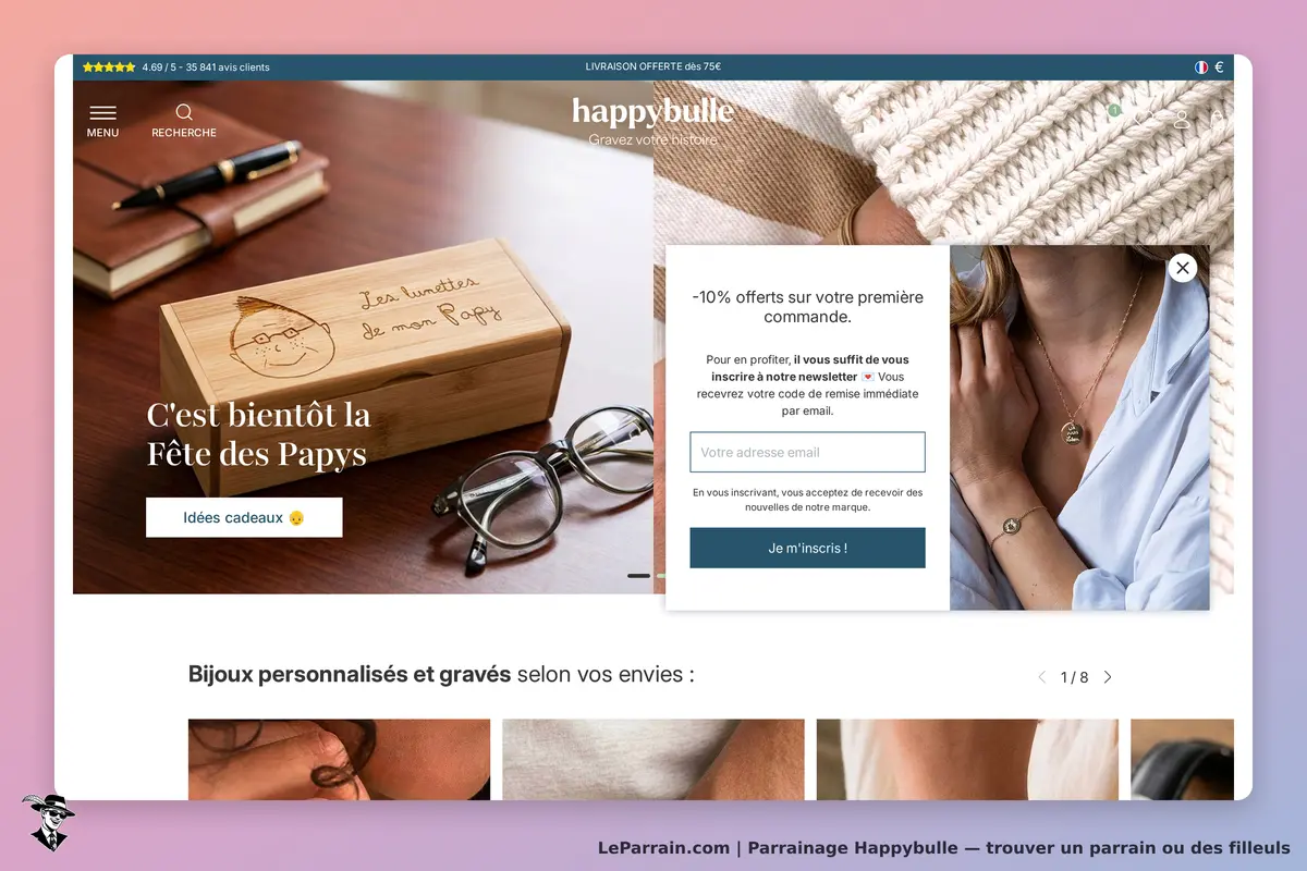 Happybulle : page d'accueil avec des bijoux personnalisés et un formulaire d'inscription à la