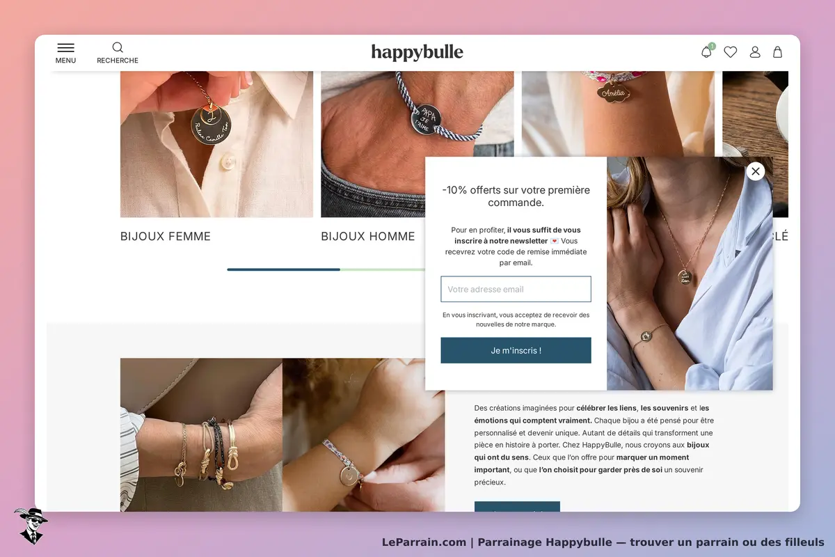 Happybulle : page d'accueil présentant des bijoux pour femmes et hommes, avec un formulaire