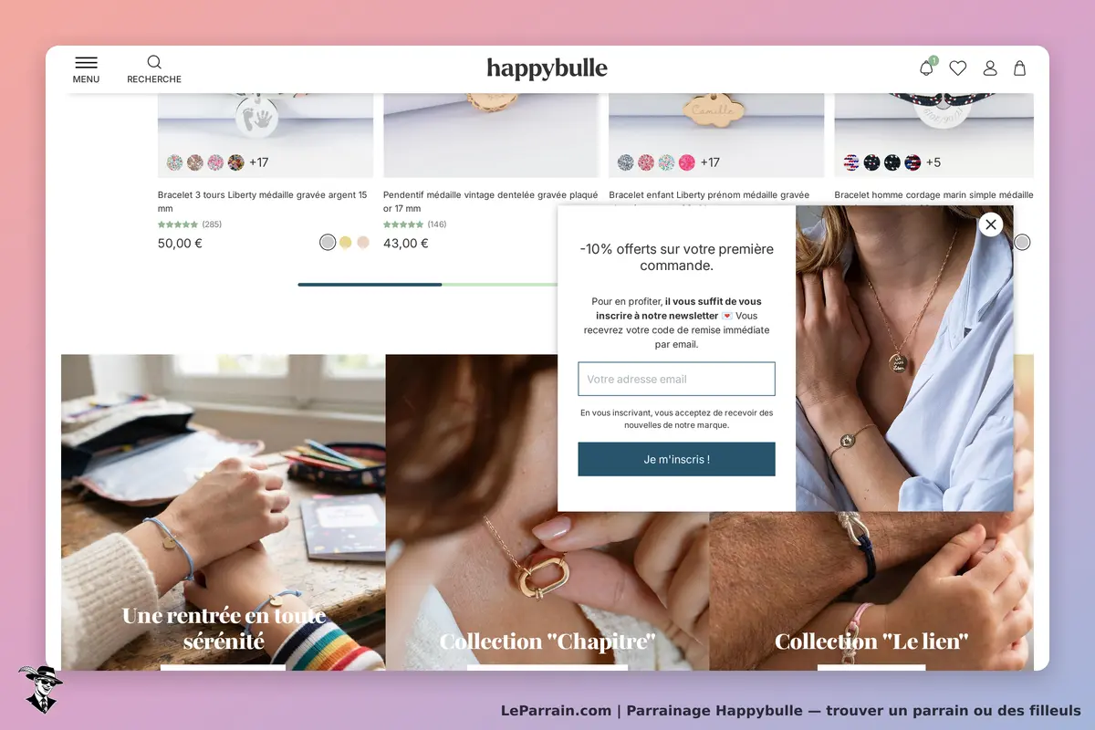 Happybulle : page d'accueil présentant des bijoux et une fenêtre d'inscription à la newsletter