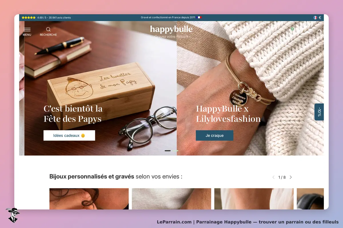 Happybulle : page d'accueil avec des produits personnalisés et des idées cadeaux pour la fête des