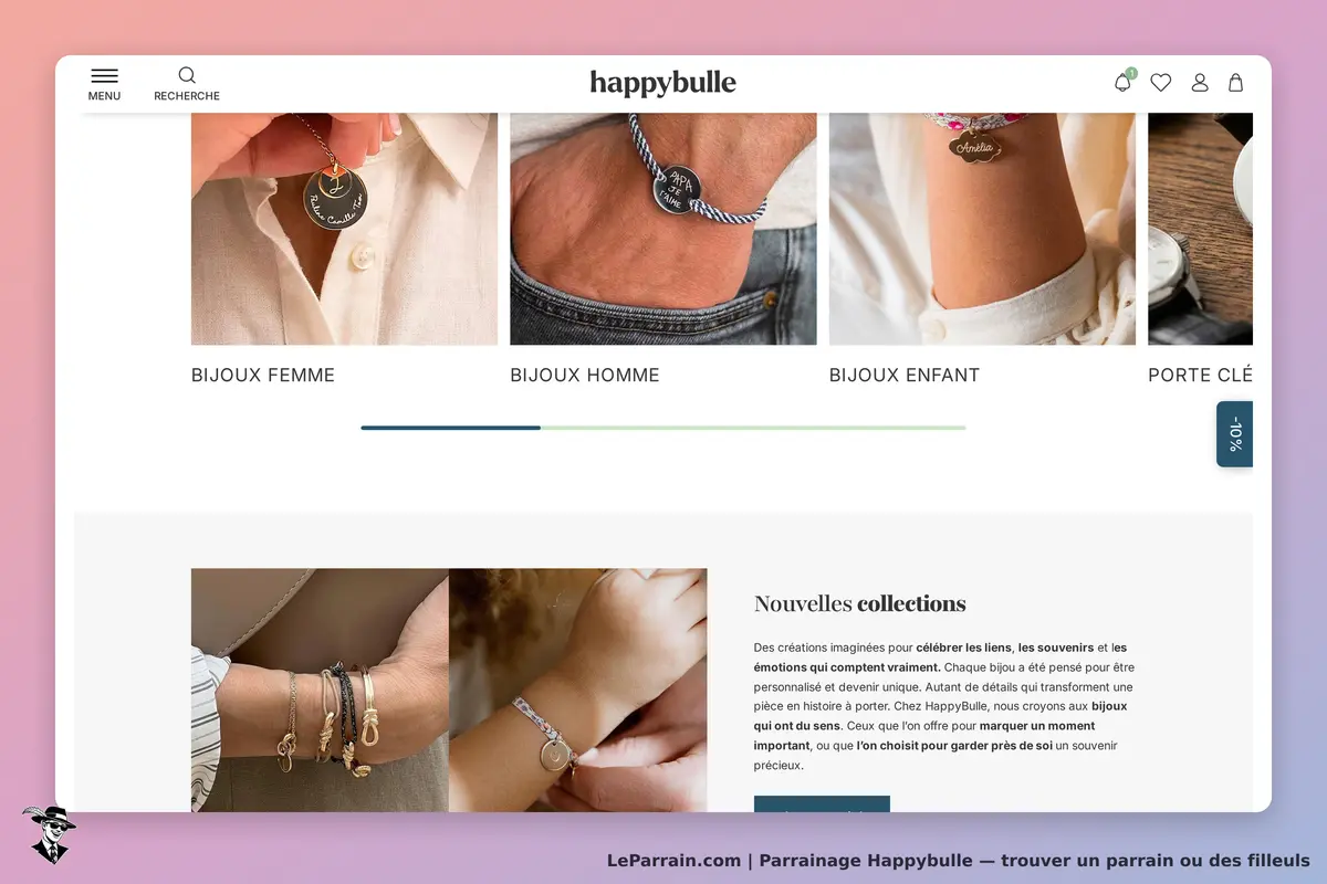 Happybulle : présentation de bijoux pour femmes, hommes et enfants sur la page d'accueil