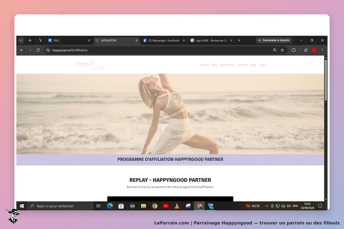 Happyngood : page d'accueil avec une danseuse sur la plage et des informations sur le programme