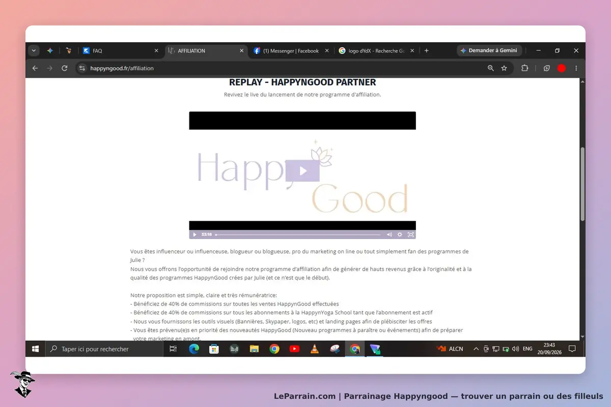 Happyngood : page de présentation du programme d'affiliation avec vidéo et informations détaillées