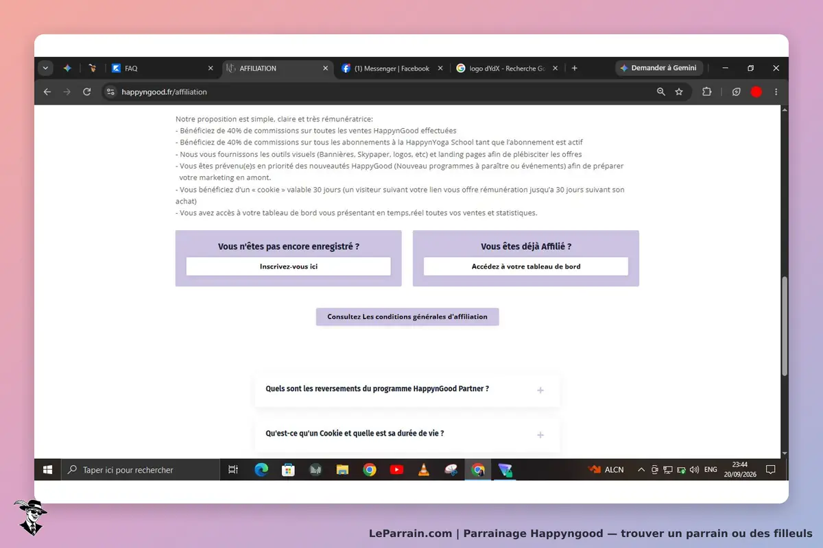 Happyngood : page d'affiliation avec options d'inscription et accès au tableau de bord