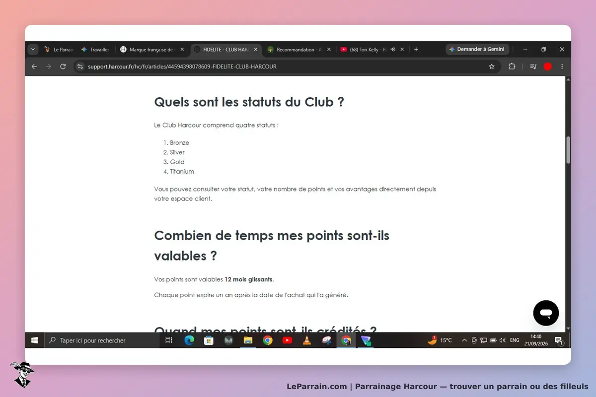 Harcour : page d'information sur les statuts du Club et la validité des points