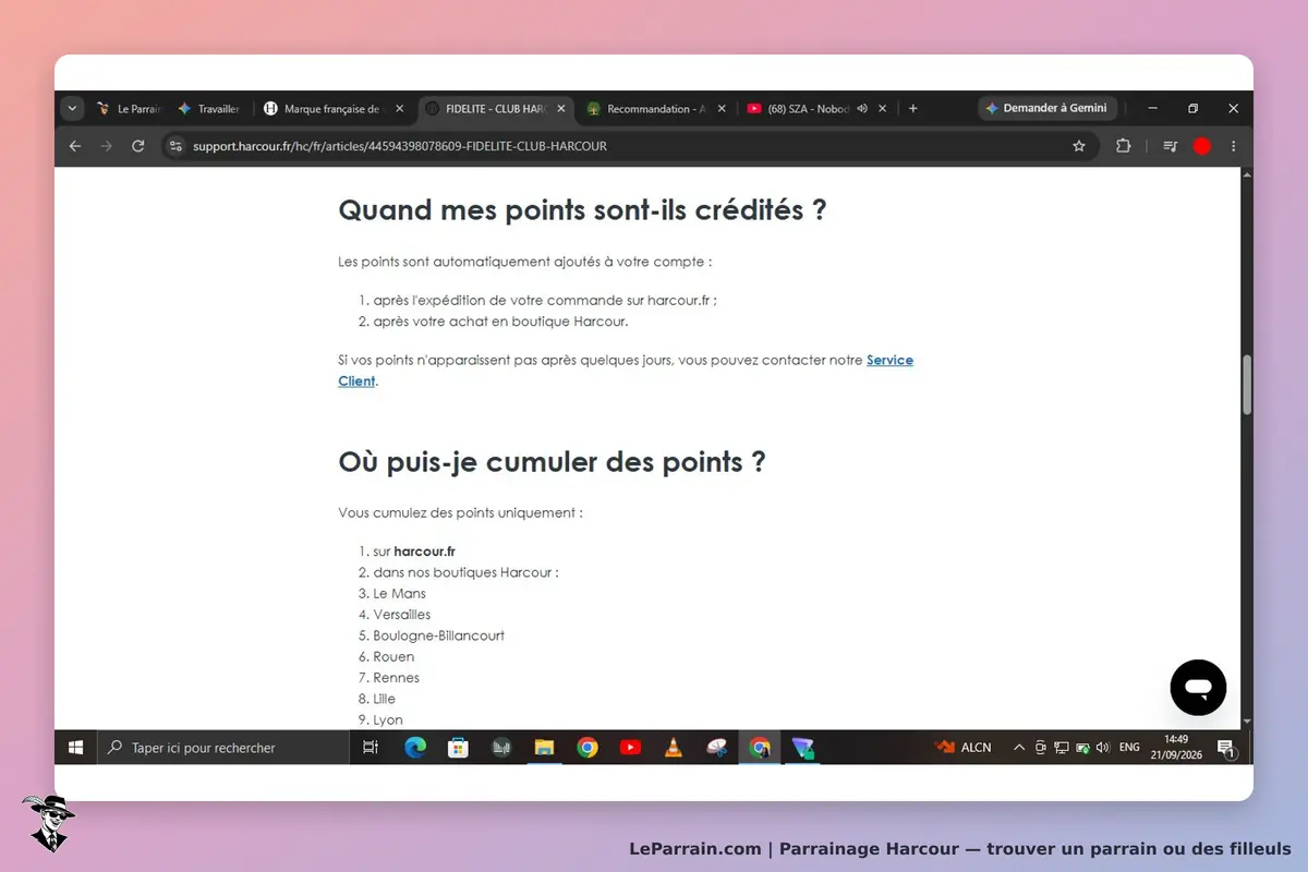 Harcour : page d'aide sur le crédit et le cumul de points de fidélité