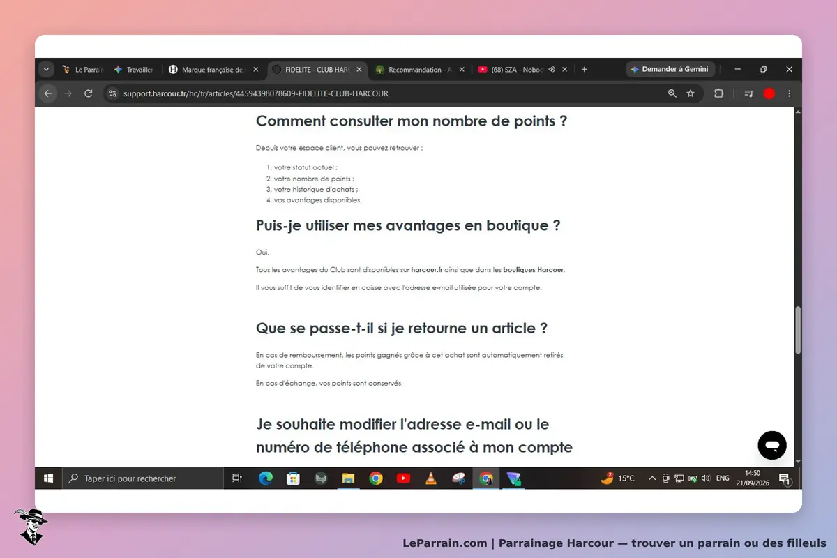 Harcour : page d'assistance avec des questions fréquentes sur le programme de fidélité