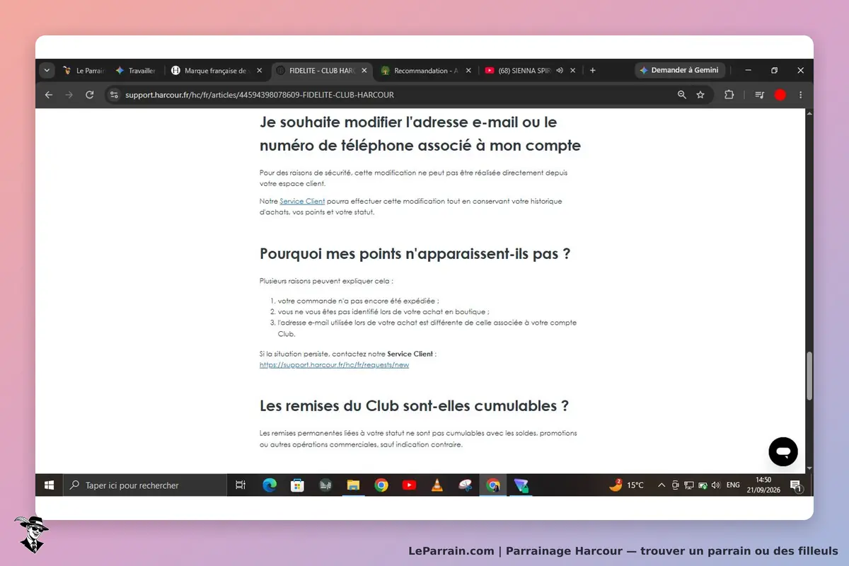 Harcour : page d'assistance sur la modification d'informations de compte utilisateur