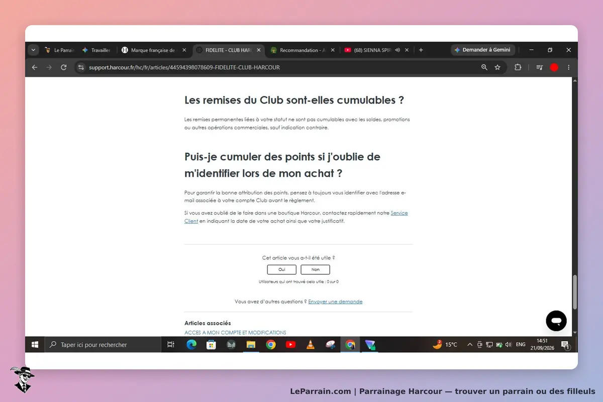Harcour : page FAQ sur les cumuls de remises et points du Club, avec questions et réponses