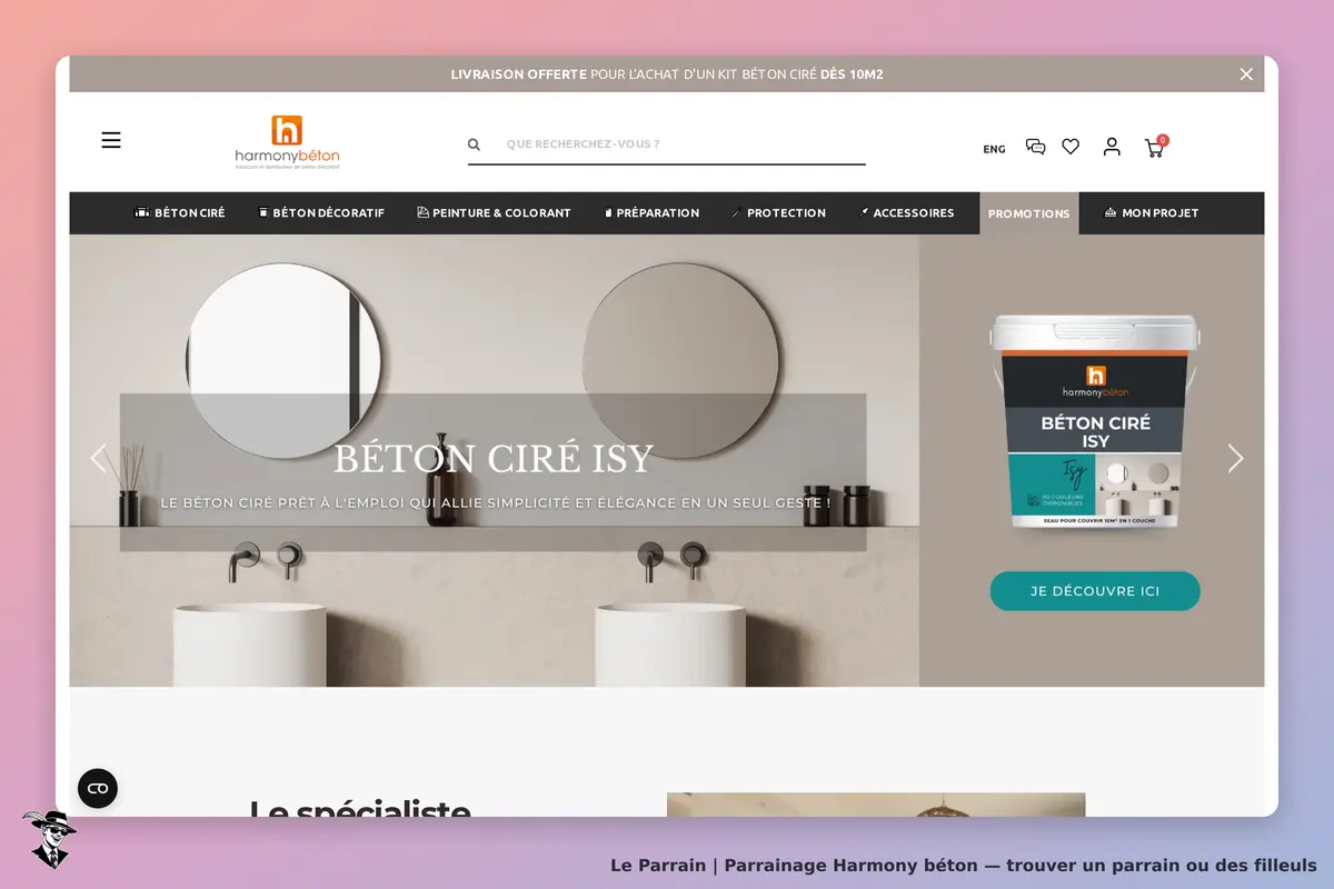 Harmony béton : page d'accueil avec produits de béton ciré et visuels de salle de bain modernes