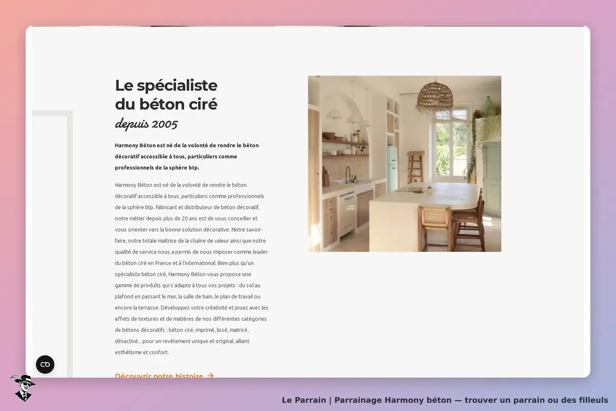 Harmony Béton : présentation du béton ciré avec une cuisine moderne et lumineuse en arrière-plan