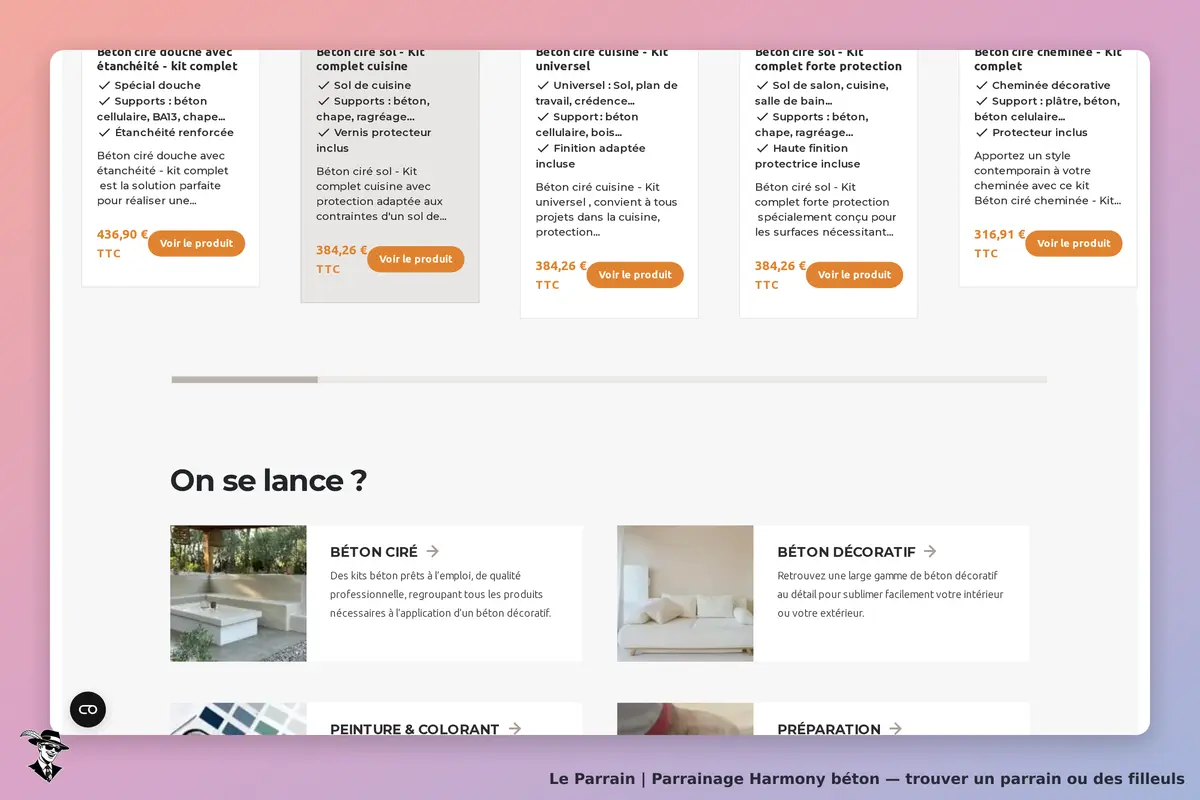 Harmony béton : page d'accueil présentant divers kits de béton ciré et décoratif