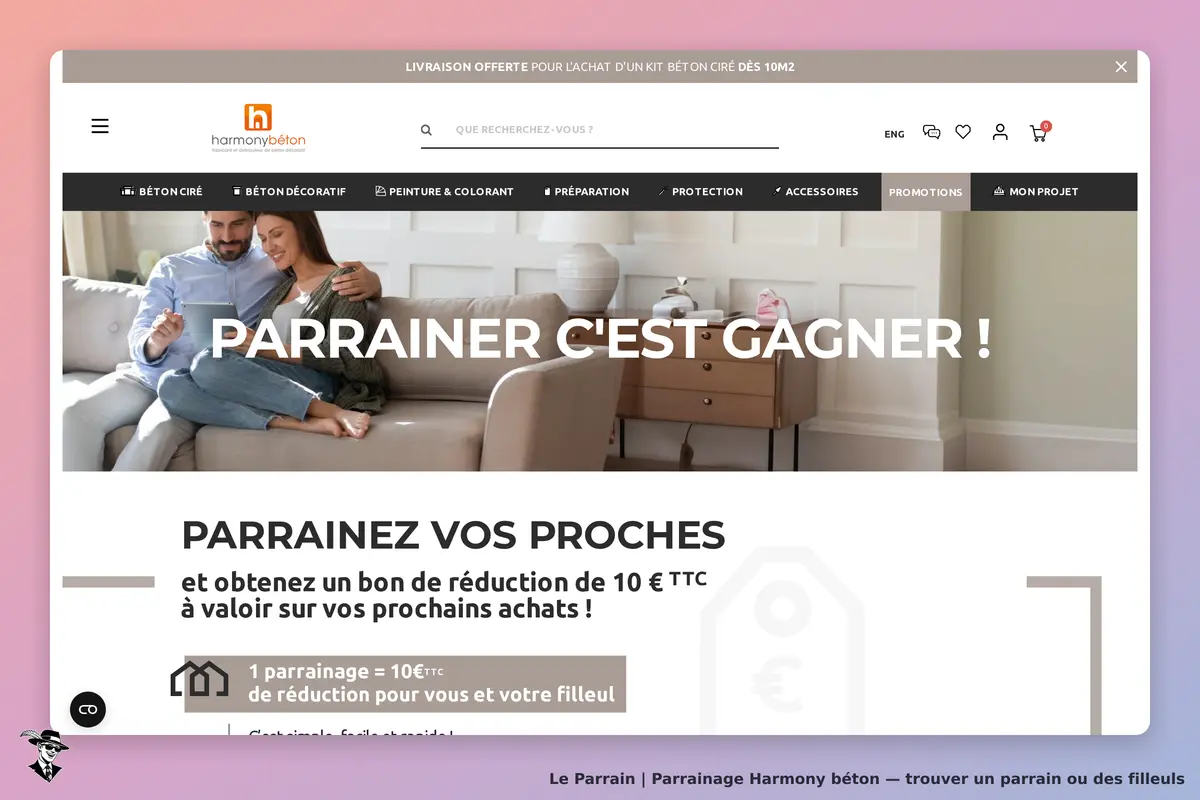 Harmony béton : page d'accueil avec un couple sur un canapé et un message sur le parrainage