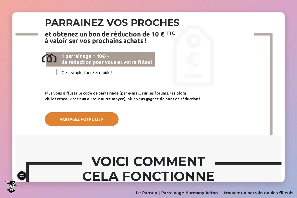 Harmony béton : section de parrainage avec explications et bouton pour partager un lien