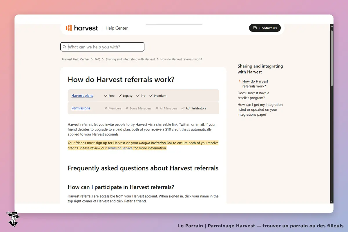 Harvest : page d'aide sur le programme de parrainage avec sections et informations visibles