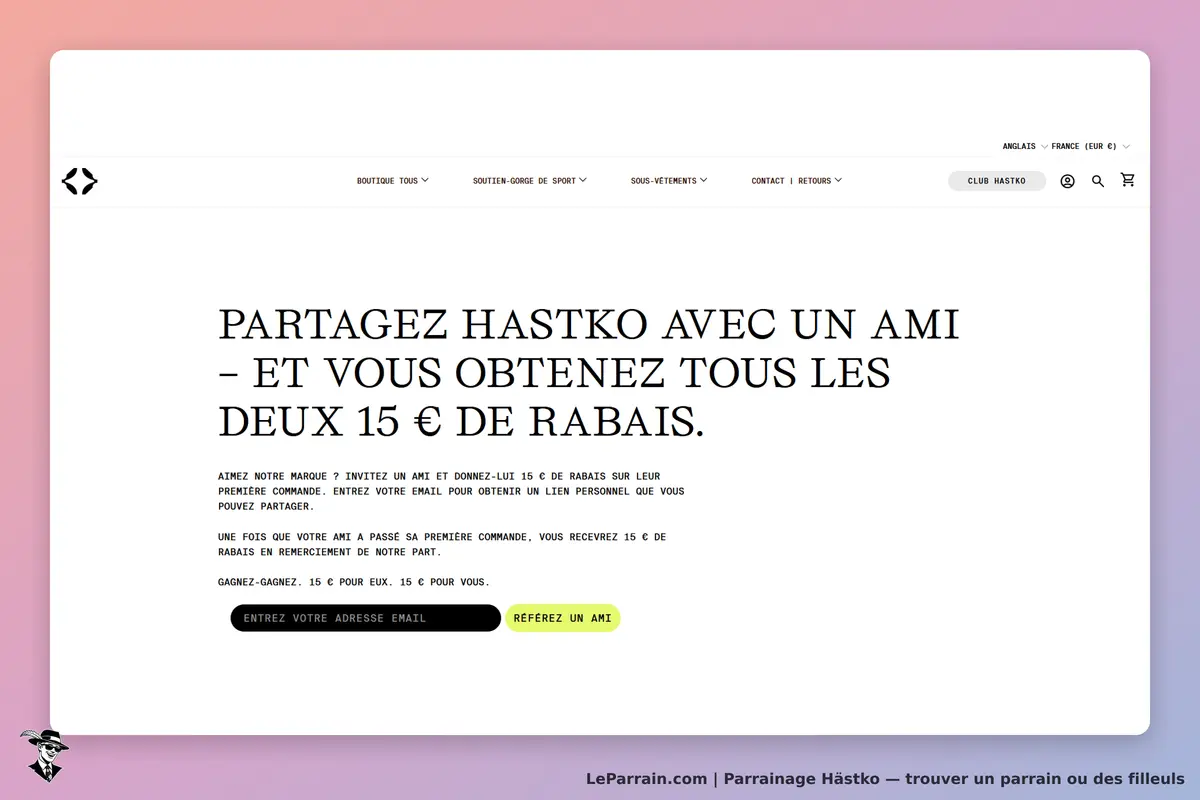 Hästko : page d'accueil avec un formulaire de parrainage et un texte explicatif