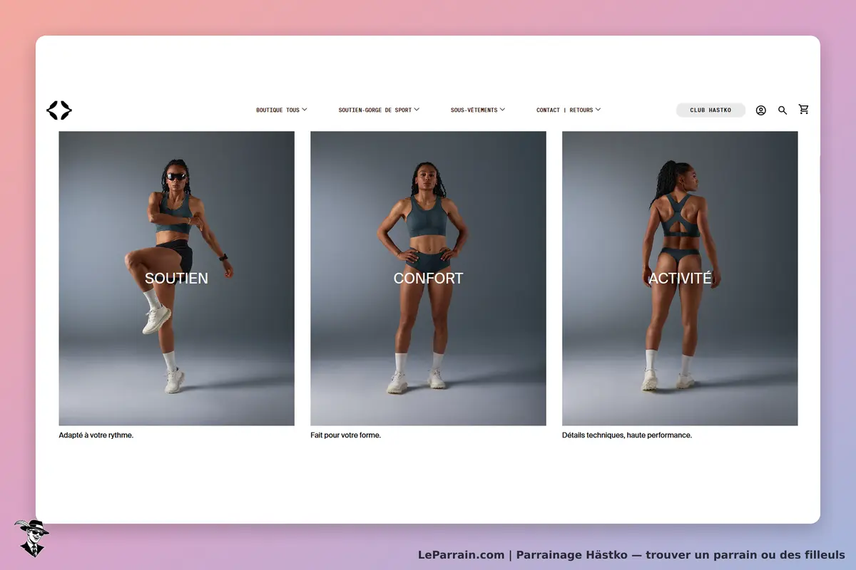 Hästko : trois images de sportives avec des textes sur le soutien, confort et activité
