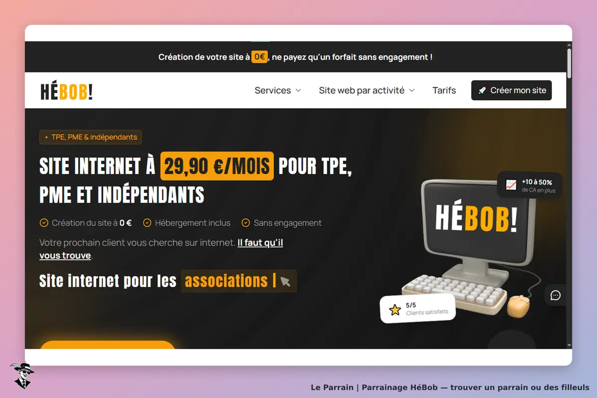 HéBob : page d'accueil avec informations sur la création de sites pour TPE et indépendants