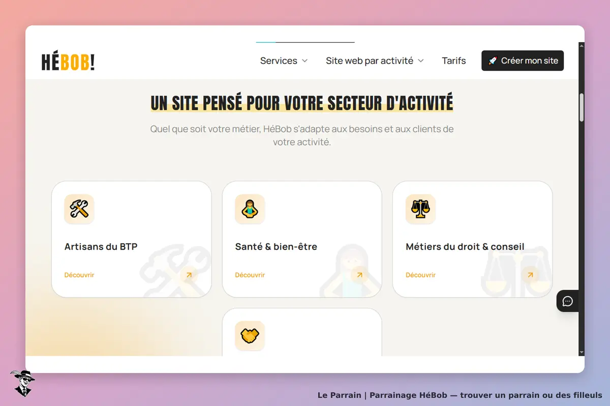 HÉBOB : page d'accueil présentant des services pour divers secteurs d'activité