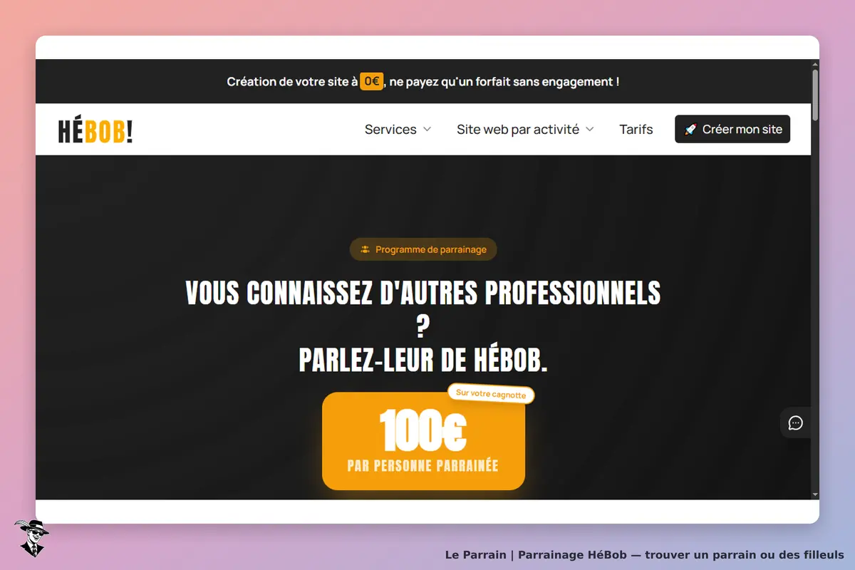 HéBob : page d'accueil avec un message sur le parrainage et un bouton pour en savoir plus