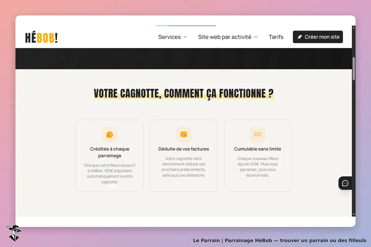 HéBob : section explicative sur le fonctionnement de la cagnotte avec trois points clés