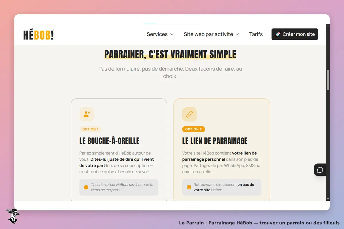 HéBob : options de parrainage avec descriptions et conseils sur la page d'accueil