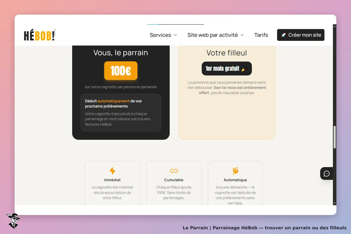 HéBob : section sur le parrainage avec cagnottes et avantages pour parrains et filleuls