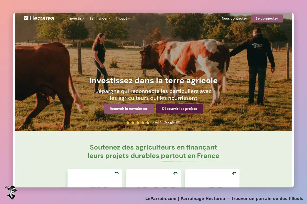 Hectarea : page d'accueil avec des vaches et une personne marchant dans un champ