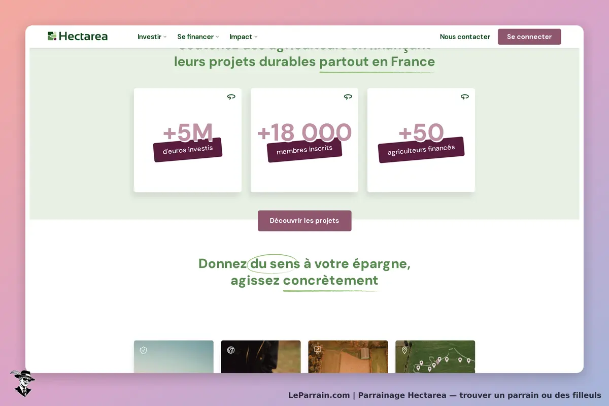 Hectarea : page d'accueil avec statistiques et message sur l'épargne durable