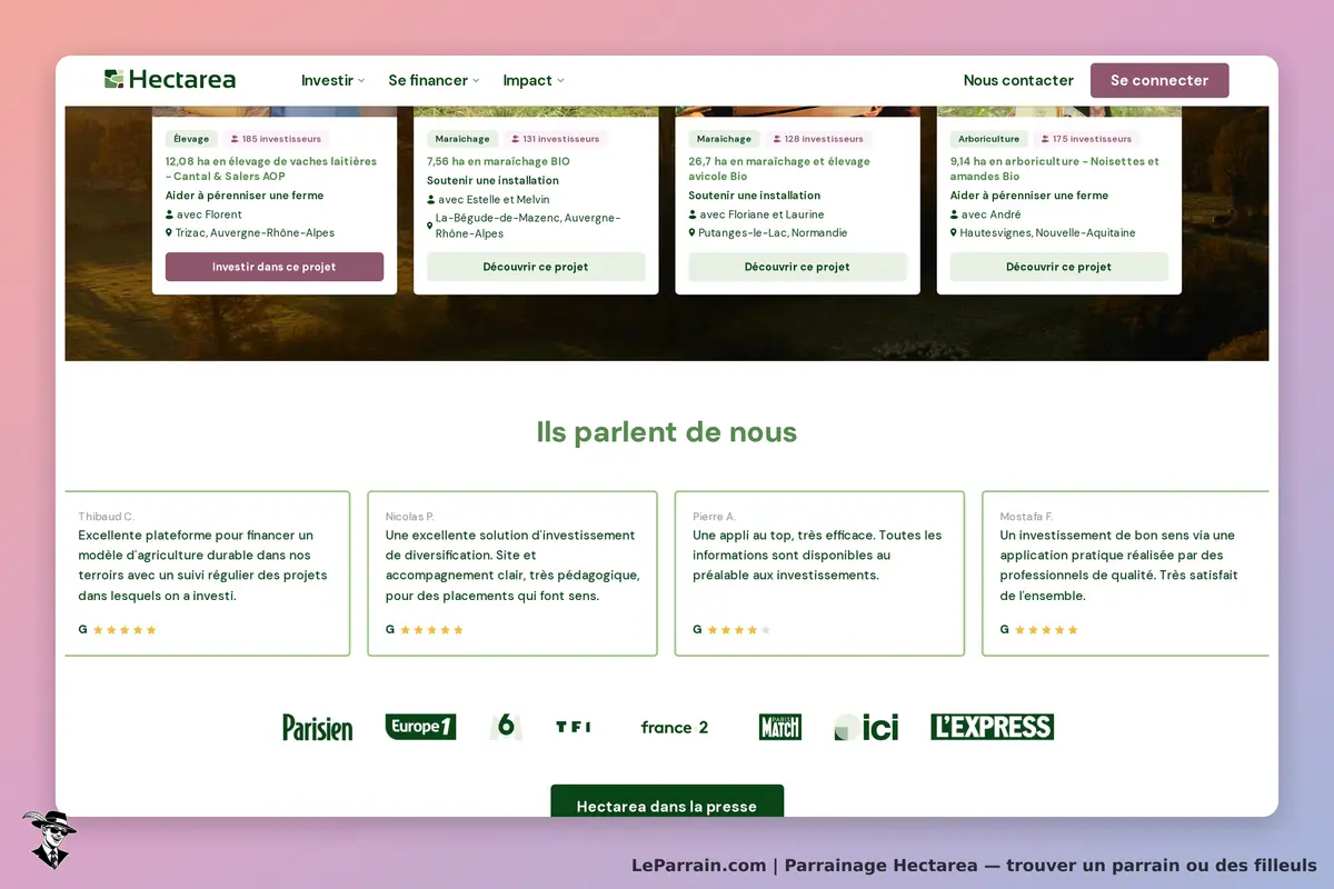 Hectarea : page d'accueil présentant des projets agricoles et témoignages d'utilisateurs