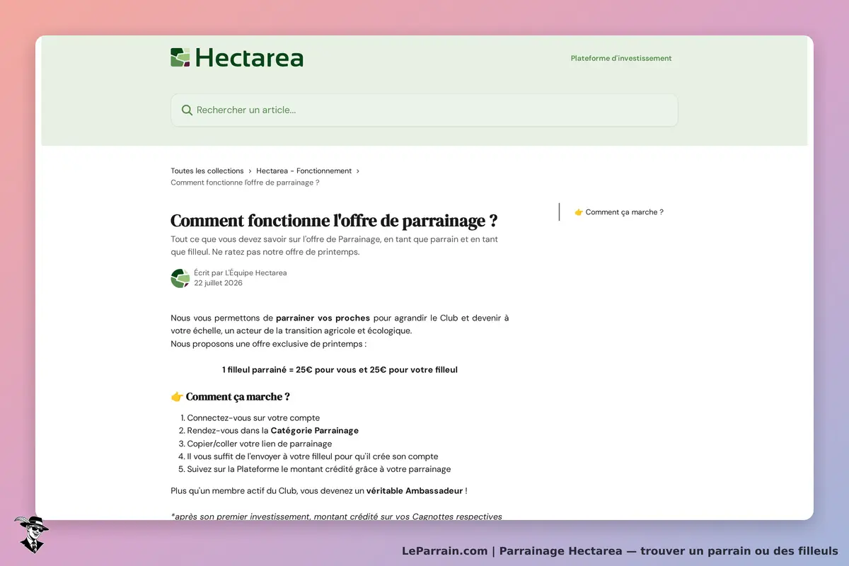 Hectarea : page expliquant le fonctionnement de l'offre de parrainage avec étapes détaillées