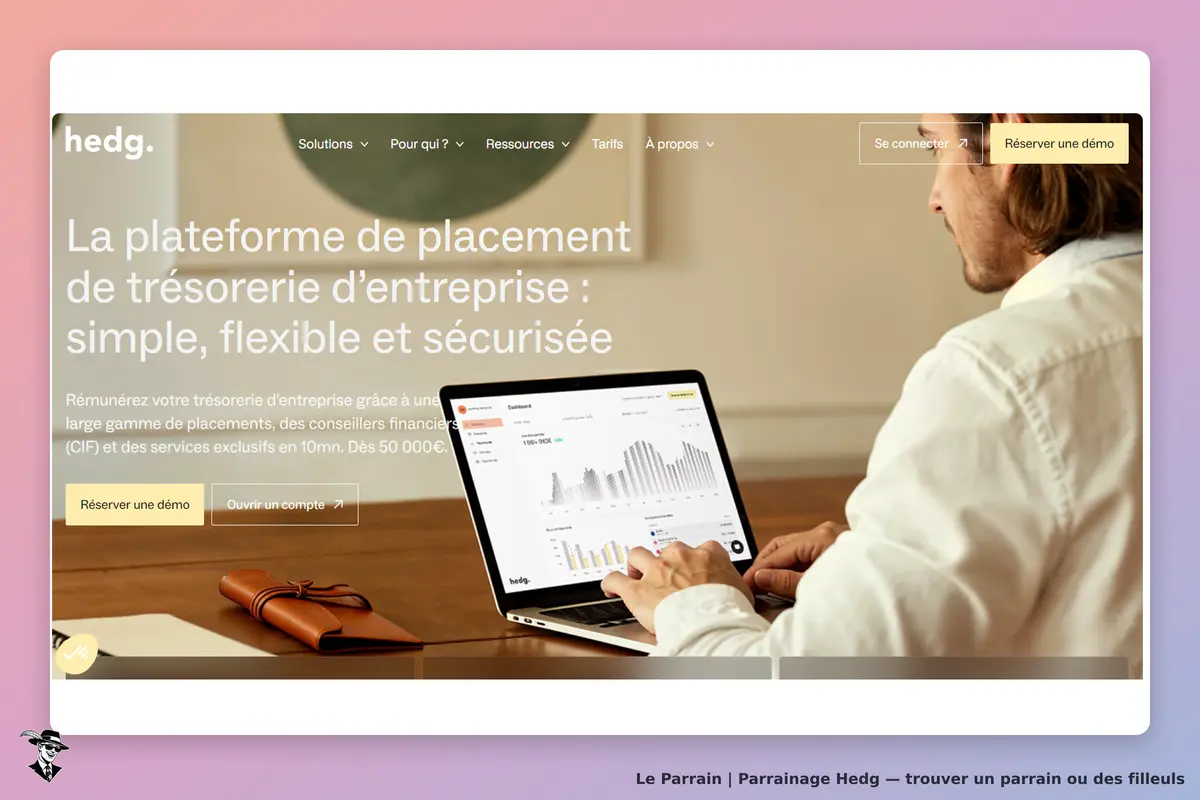 Hedg : page d'accueil présentant une plateforme de placement avec un graphique sur un ordinateur