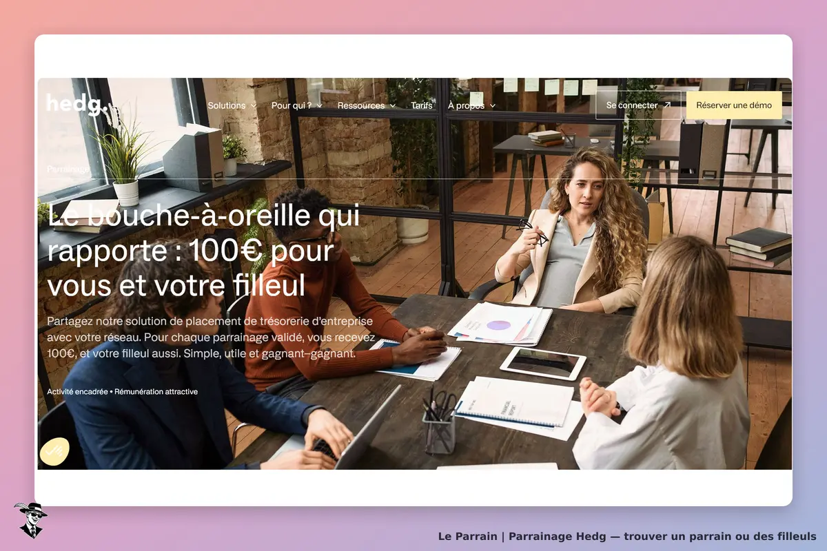 Hedg : page d'accueil avec des personnes en réunion autour d'une table, documents et ordinateurs