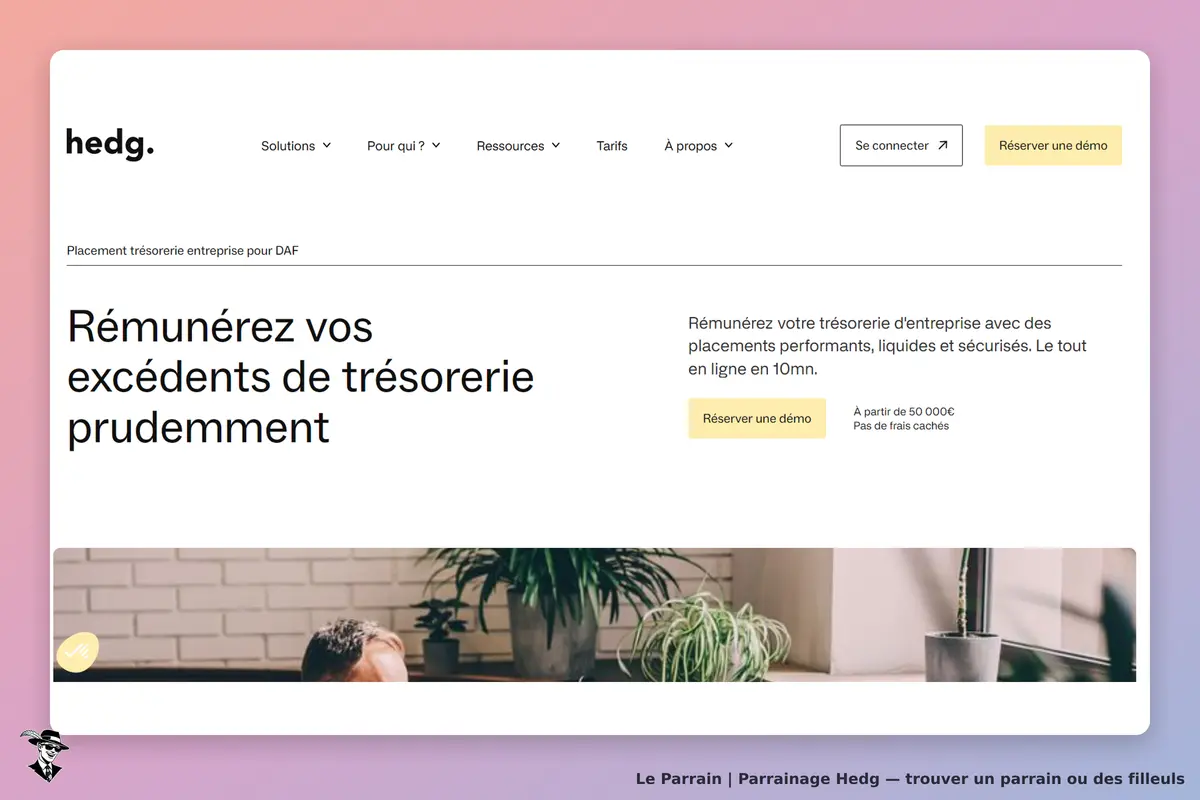 hedg : page d'accueil avec un titre sur la gestion de la trésorerie et un bouton pour réserver une