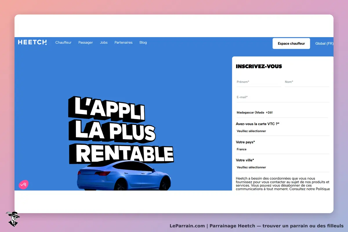 Heetch : page d'accueil avec formulaire d'inscription et message promotionnel sur fond bleu