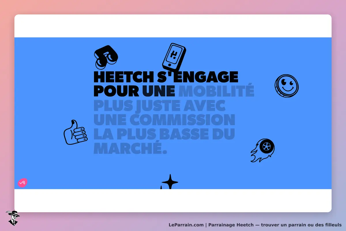Heetch : message sur l'engagement pour une mobilité juste, fond bleu avec icônes