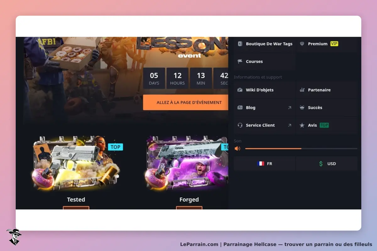 Hellcase : page d'accueil avec compte à rebours et présentations de produits en vitrine