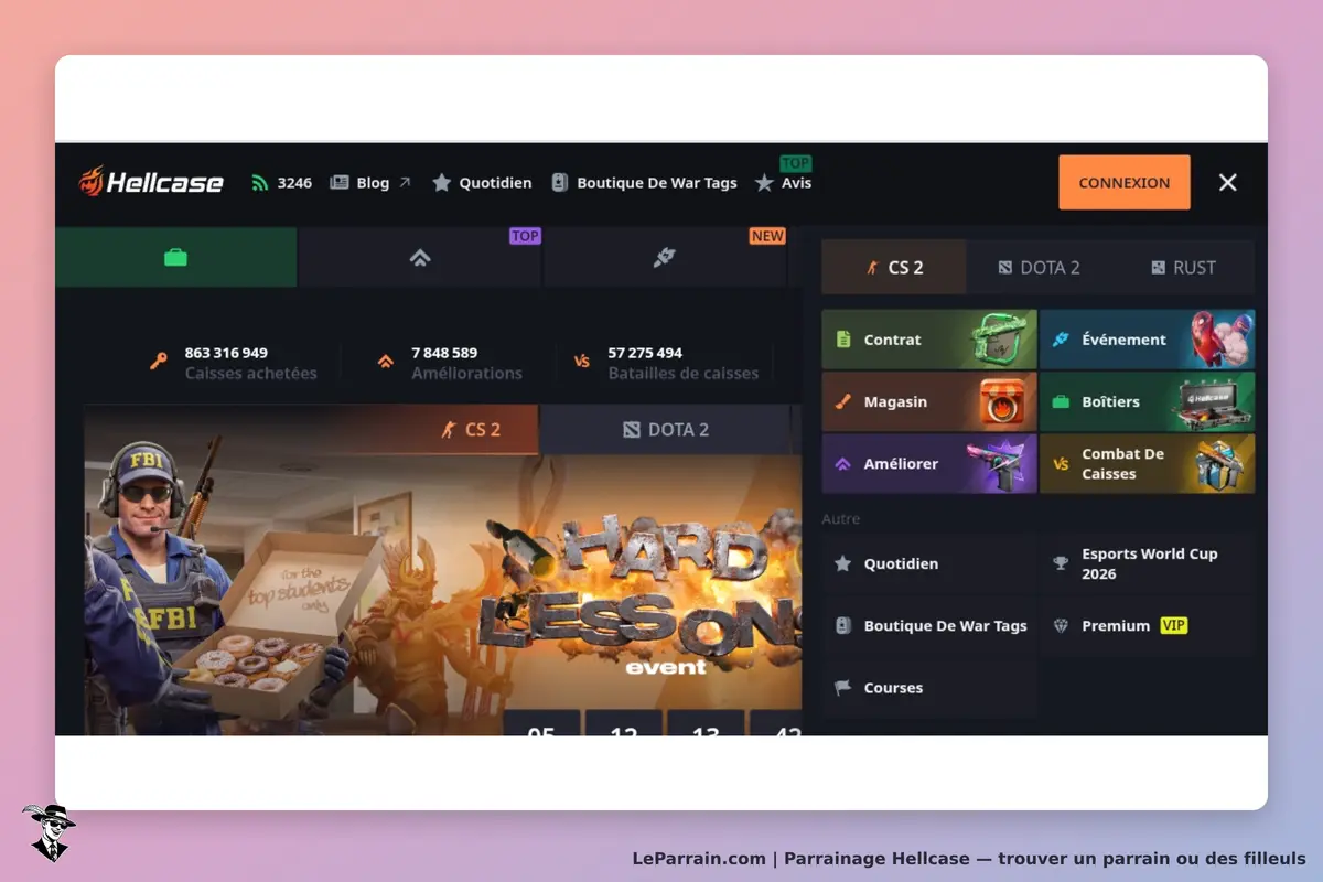 Hellcase : page d'accueil affichant des statistiques et un événement "HARD LESSONS"
